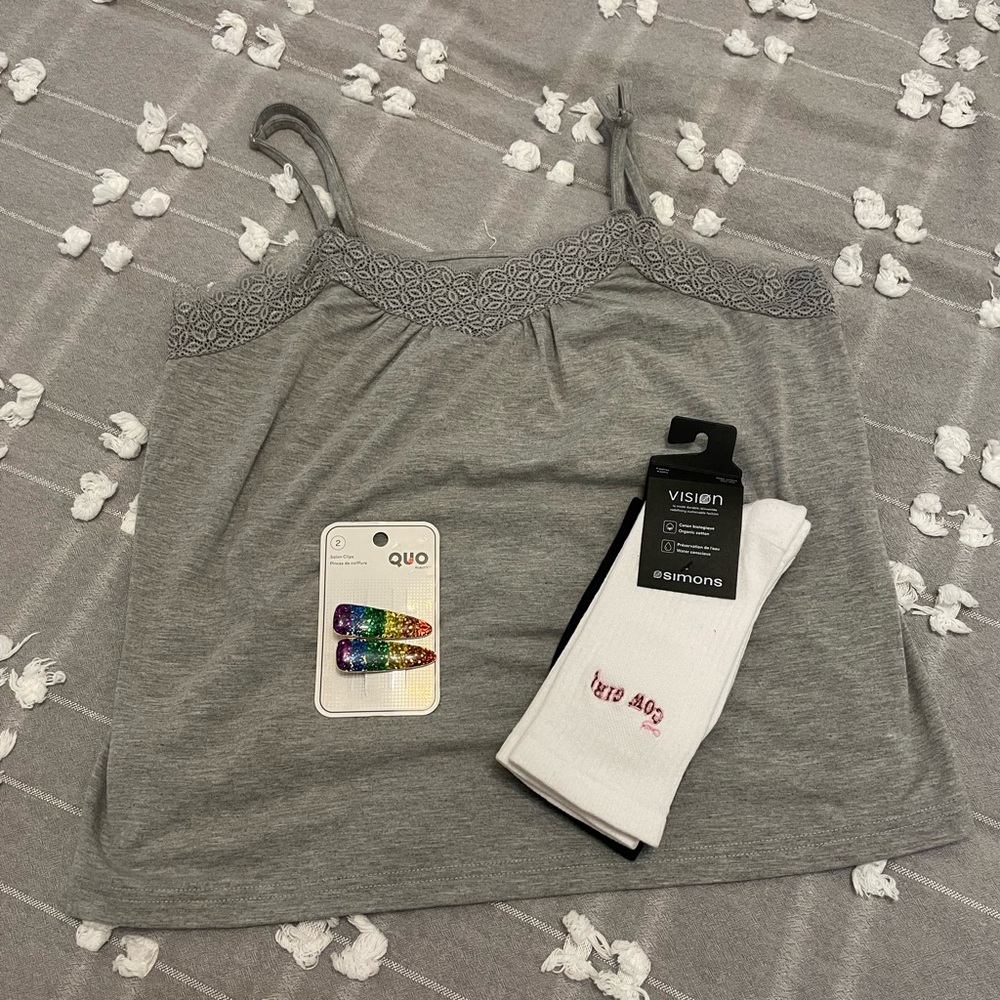 Bundle Pack - Grey lace tank, 2 pack of crew socks and 2 rainbow hair clips